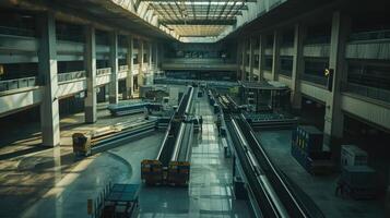 An airport terminal with a long line of cars photo