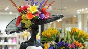 A mannequin wearing a large hat with flowers photo