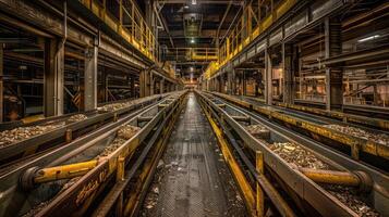 A long, empty, industrial factory with yellow and black pipes photo
