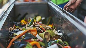 A man is putting food into a metal container photo
