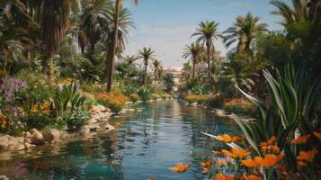 A canal surrounded by flowers and palm trees photo