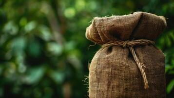A bag of coffee beans is tied to a tree photo