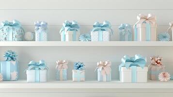 A shelf with many blue and pink gift boxes photo