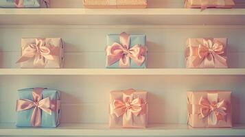 Many boxes with pink and blue bows on them photo
