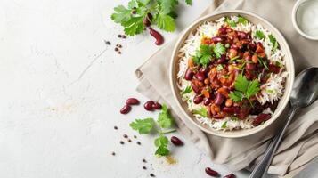 Chicken curry with rice and vegetables on a white background photo