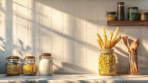 A kitchen counter with jars of food and utensils photo