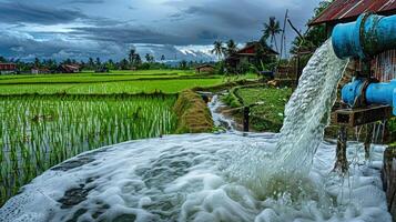 A water pump is pouring water into a rice field photo