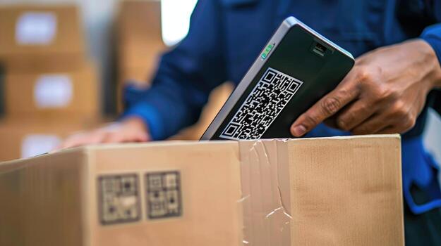 A man is holding a cell phone in his hand while holding a box photo