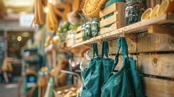 A green bag hanging on a wooden shelf in a store photo