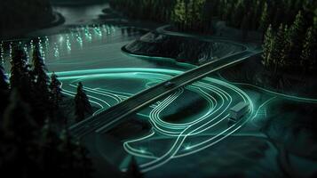 A bridge with green lights on it in the middle of a forest photo