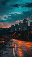 A street with a car on it at dusk photo