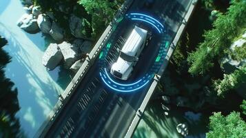 A car driving on a bridge over a river photo
