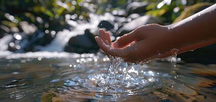 A person's hand is touching water in a stream photo