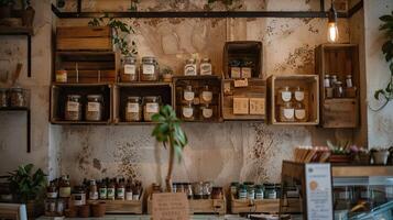 A shop with shelves full of spices and jars photo