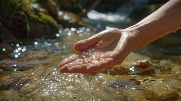 A person holding water from a stream photo