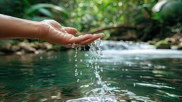 A person is holding water out of a stream photo