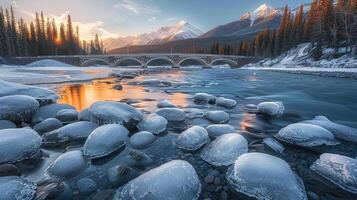 A river with ice and rocks in the foreground photo