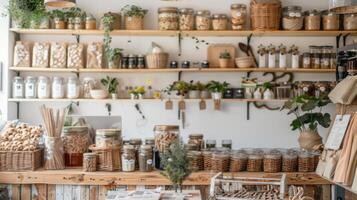 A shop with shelves full of jars and plants photo