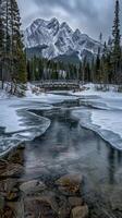 A frozen river with snow covered mountains in the background photo