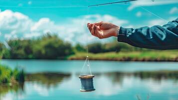 A person holding a fishing rod and a spool of thread photo
