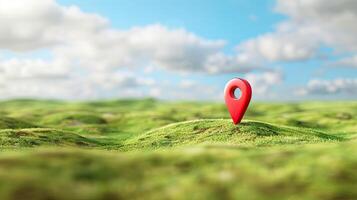 Map pin on green grass field with blue sky 3d illustration photo