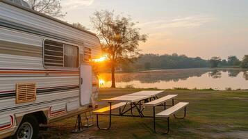 An rv parked near a lake with the sun setting behind it photo