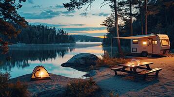 A camper is parked near a lake at sunset photo