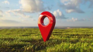 A red pin on the grass in a field with a blue sky background photo