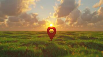 A red pin is in the middle of a field photo