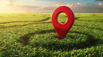 Red pin in a maze on a green field with sun rising photo