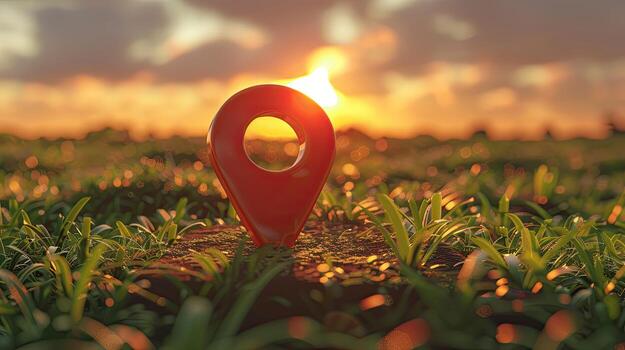 A red pin in the grass with the sun setting behind it photo