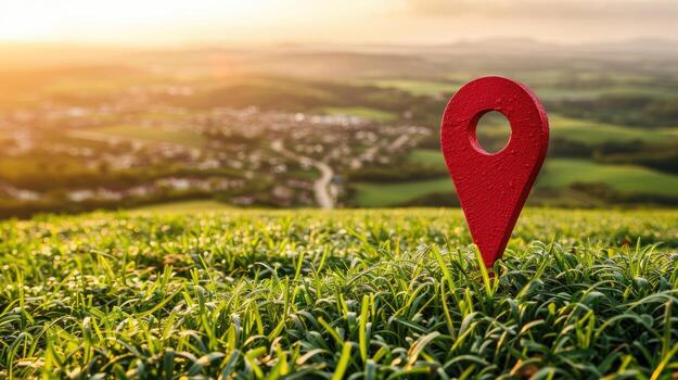 Red pin on grass in the field with countryside background photo