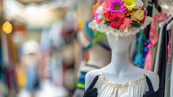 A mannequin wearing a colorful flower hat in front of clothes photo
