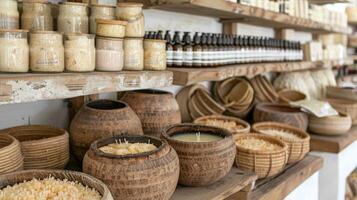 Baskets and jars are on shelves in a store photo