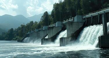 A large dam with water flowing over it photo