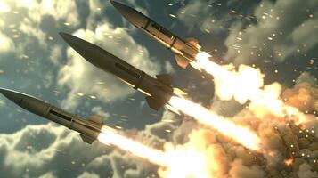 Three rockets are flying in the air photo