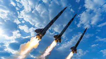Three rockets are flying in the sky photo