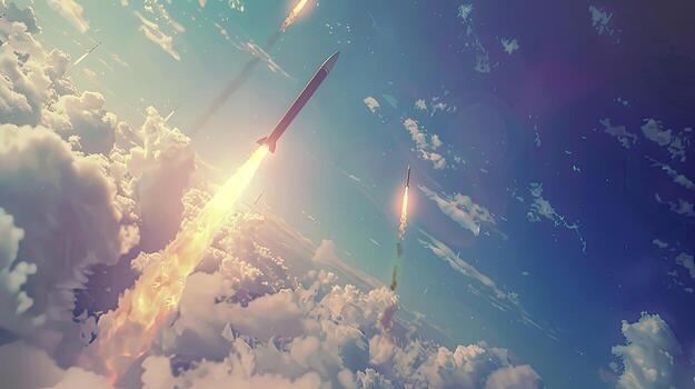 Two rockets flying through the sky with clouds in the background photo