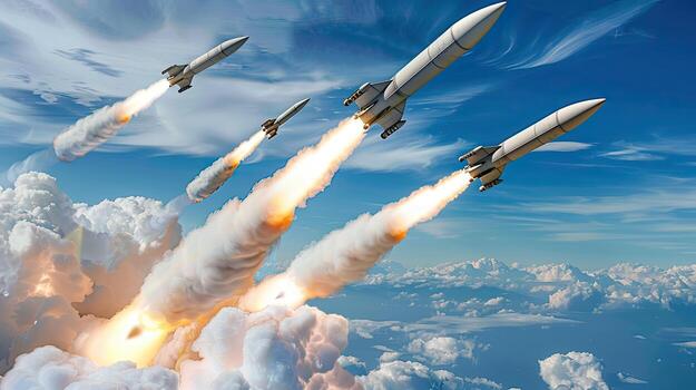 A group of rockets flying through the sky photo