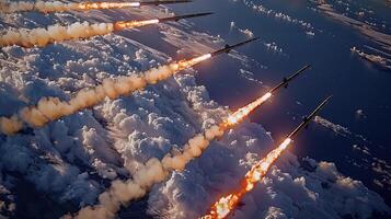 A group of rockets flying in the sky photo