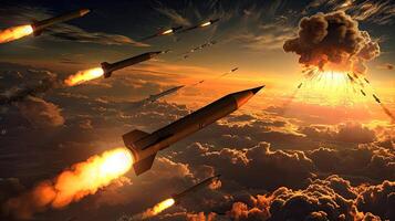 A group of missiles flying in the sky photo