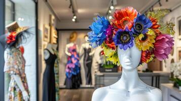 A mannequin wearing a colorful flower headpiece photo