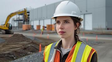 A woman in a hard hat and safety vest standing in front of construction equipment photo