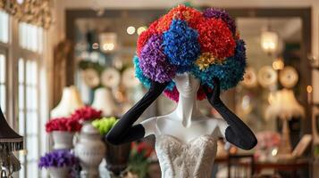 A mannequin with a colorful wig on top of it photo