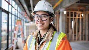 A female construction worker wearing safety glasses and a hard hat photo