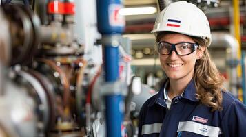 A woman in a hard hat and glasses standing in front of a machine photo