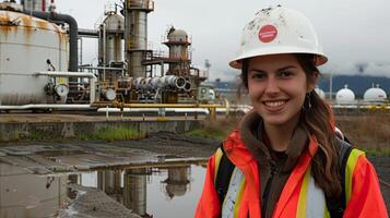 A woman in a hard hat and safety vest standing in front of a refinery photo