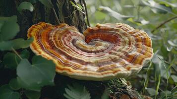 A colorful mushroom on a tree trunk photo