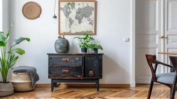 A small table with a plant on it and a map hanging on the wall photo
