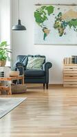 A living room with a map on the wall photo